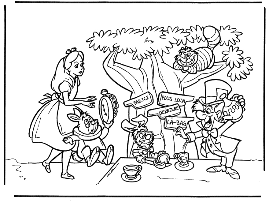 Coloriage d'Alice au Pays des Merveilles avec le Chapelier fou et le Lièvre de Mars