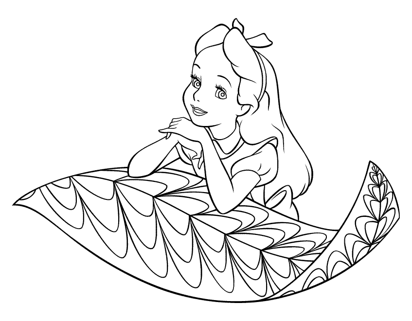 Alice en train de discuter avec le chat du Cheshire dans un décor de jardin