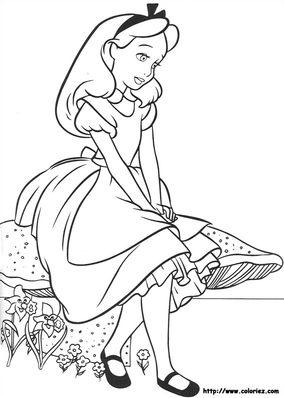Coloriage d'Alice au pays des merveilles avec la chenille et le champignon