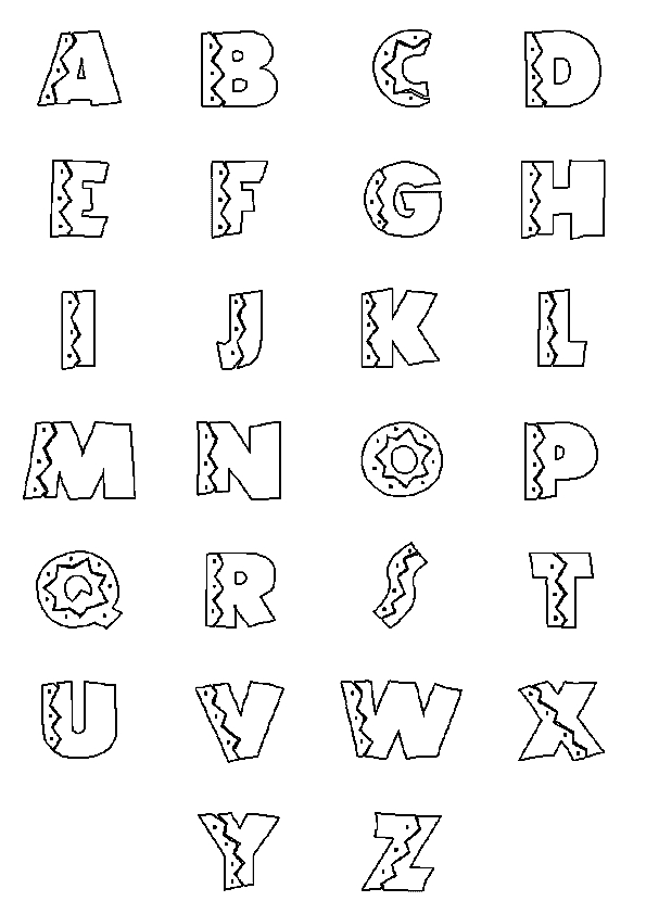 Coloriage de l'alphabet avec des lettres décorées et des motifs variés