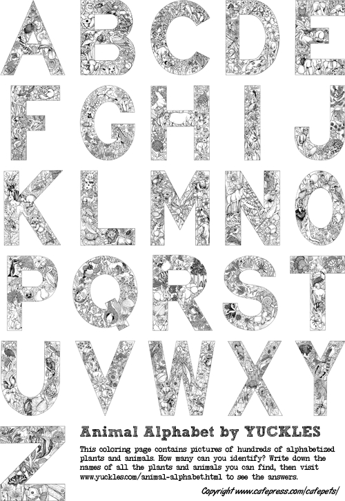 Coloriage de l'alphabet en lettres stylisées avec décorations variées