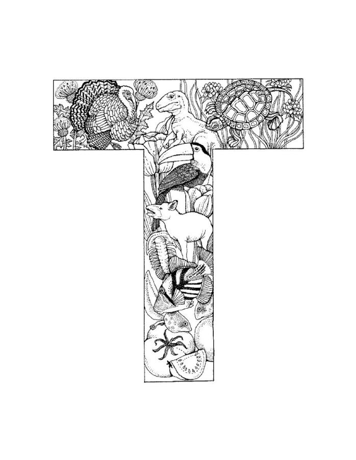 Coloriage de l'alphabet avec des lettres stylisées et des éléments ludiques