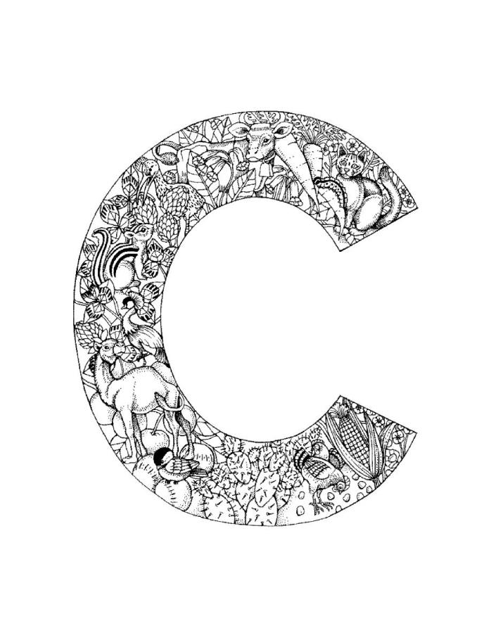 Coloriage de l'alphabet avec des lettres illustrées et des éléments décoratifs