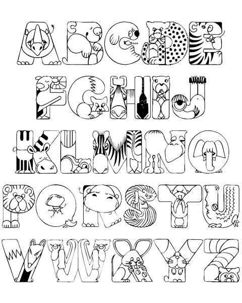 Coloriage d'un alphabet illustré avec des éléments ludiques