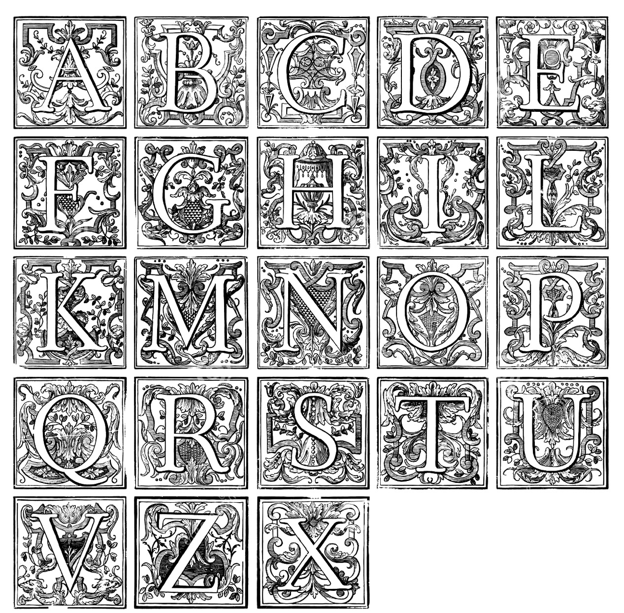 Coloriage de l'alphabet avec des lettres décorées et des motifs ludiques