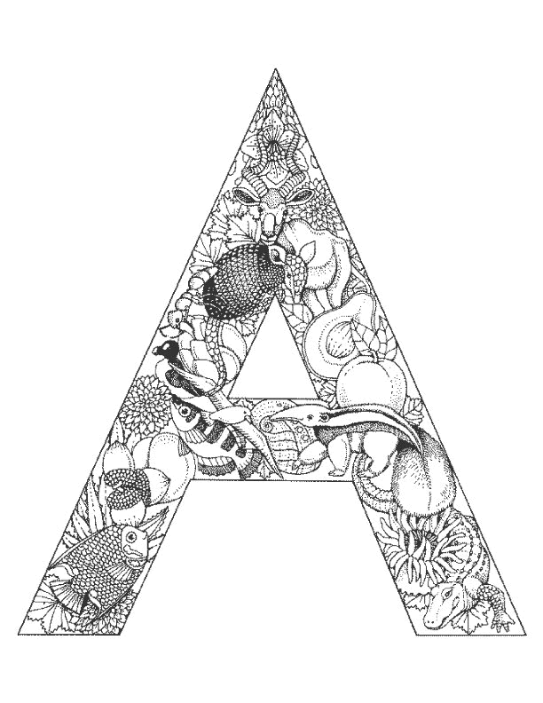 Coloriage de l'alphabet avec des lettres stylisées et des motifs ludiques