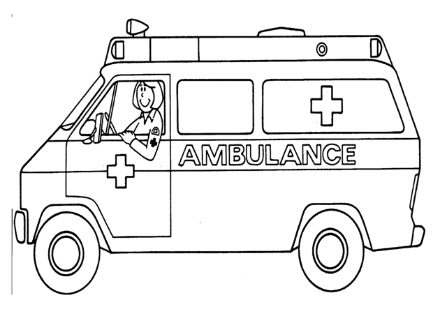 Coloriage d'une ambulance sur fond de paysage urbain