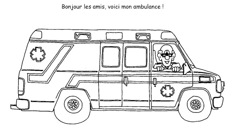 Coloriage d'une ambulance en intervention dans un décor urbain