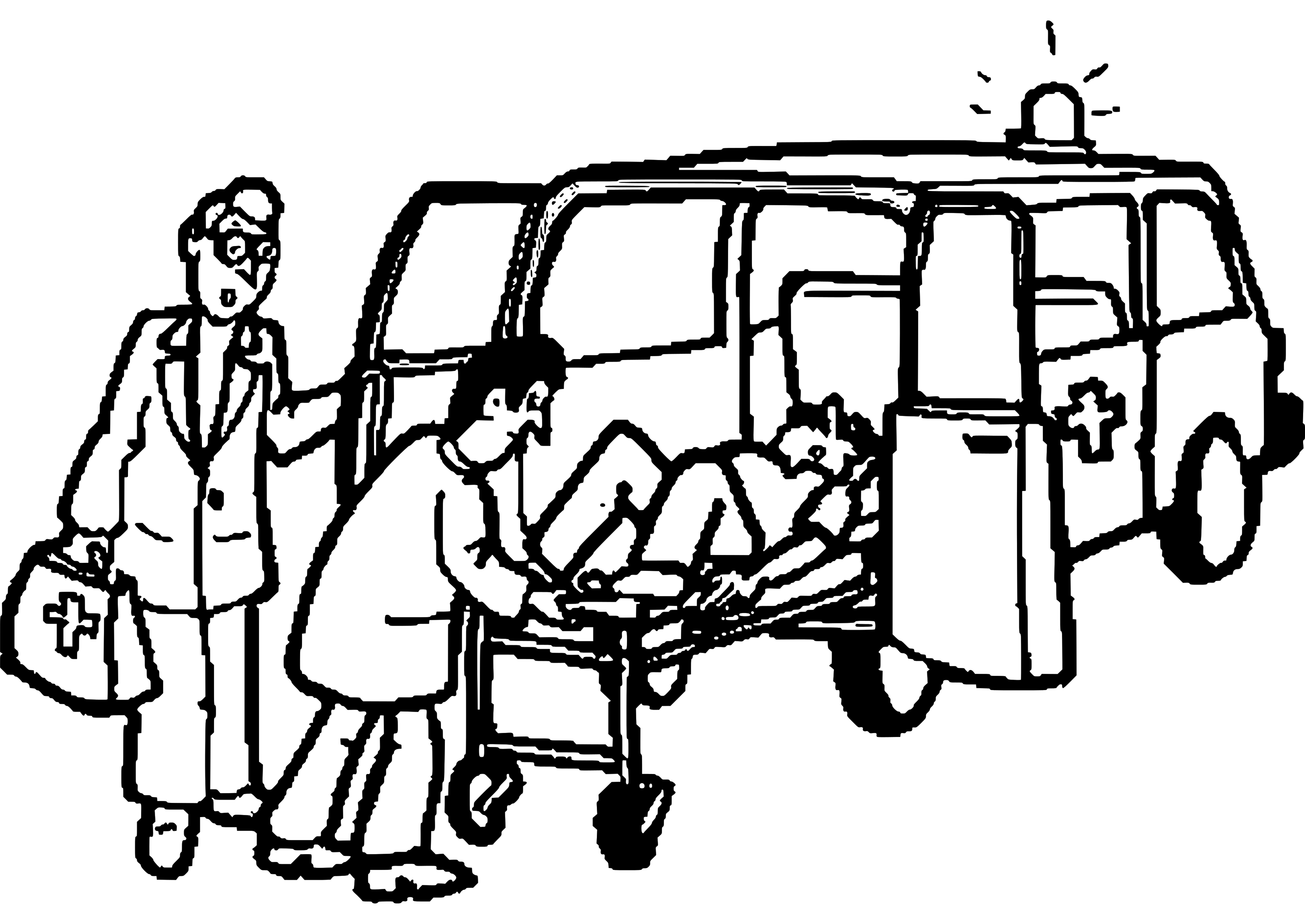 Coloriage d'une ambulance en action sur fond de paysage urbain