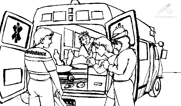 Coloriage d'une ambulance en intervention sur fond de ville
