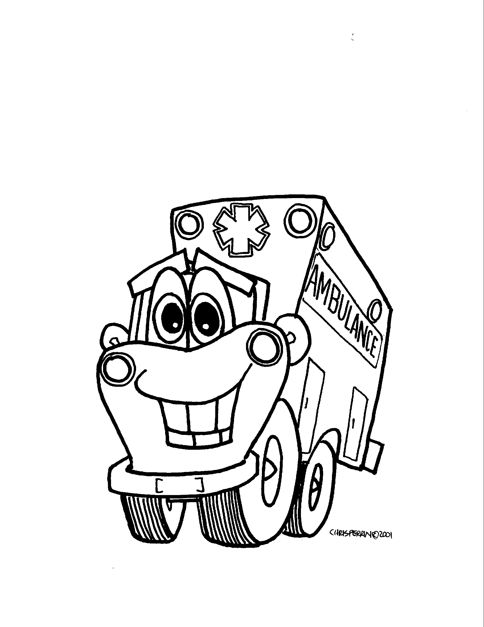 Coloriage d'une ambulance en intervention avec des détails précis