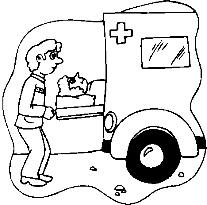 Coloriage d'une ambulance sur une route avec des éléments de décor