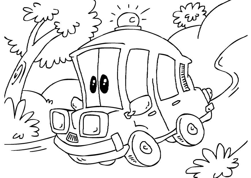 Coloriage d'une ambulance sur une route entourée d'arbres