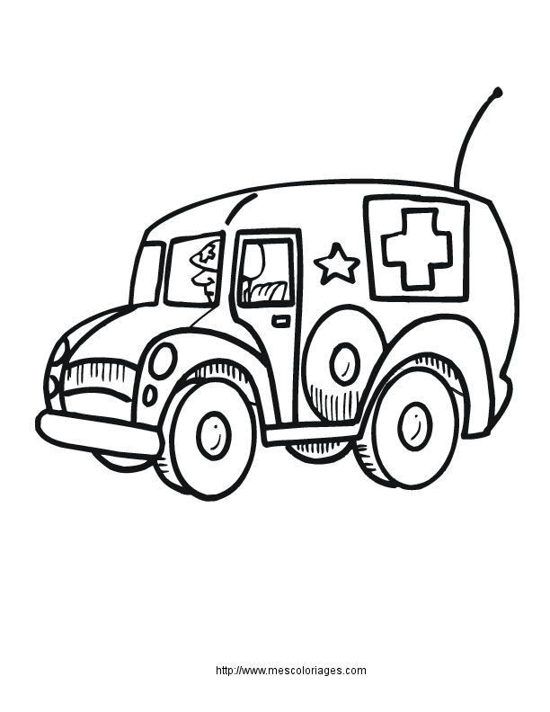 Coloriage d'une ambulance prête à intervenir sur une route