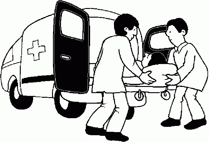 Coloriage d'une ambulance en intervention avec un décor urbain