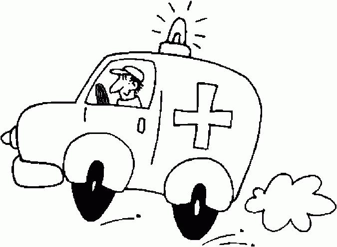 Coloriage d'une ambulance sur une route avec des éléments environnants