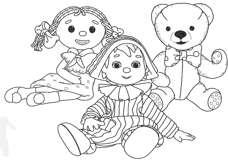 Andy Pandy jouant avec ses amis dans un décor naturel