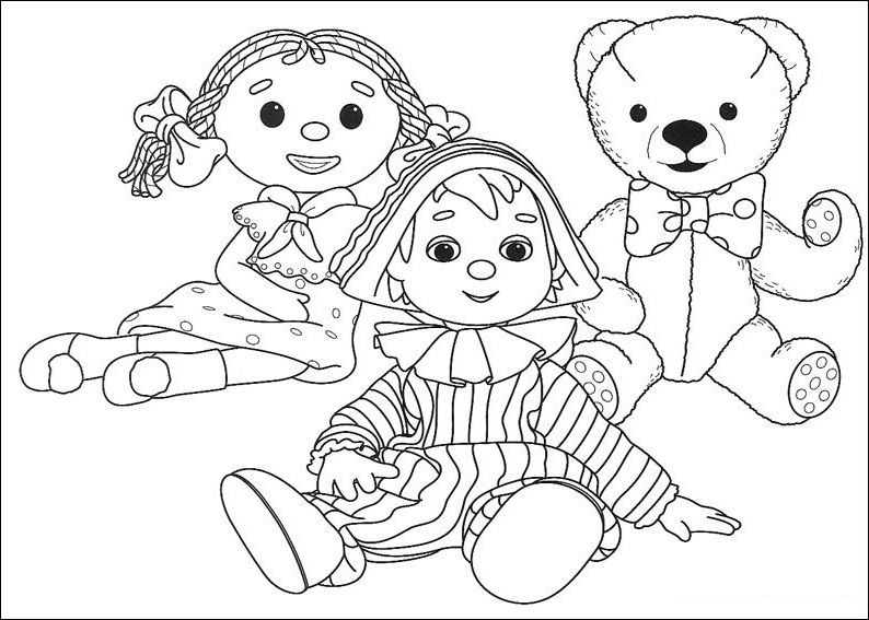 Andy Pandy jouant avec ses amis dans un décor naturel