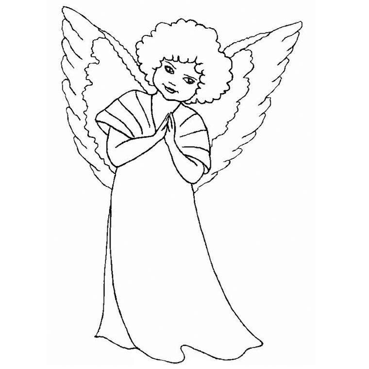 Coloriage d'un ange avec des ailes déployées dans un ciel nuageux
