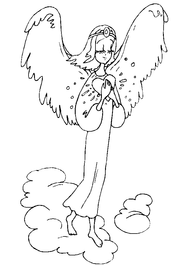 Un ange souriant tenant une fleur dans un ciel nuageux