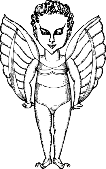 Un ange souriant avec des ailes déployées dans un ciel nuageux