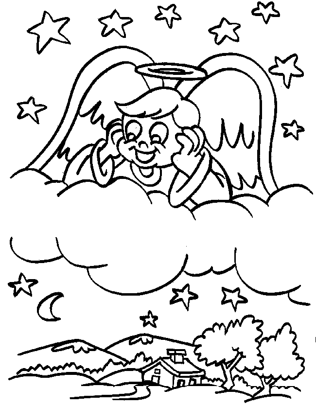 Coloriage d'un ange au sourire bienveillant dans un ciel étoilé