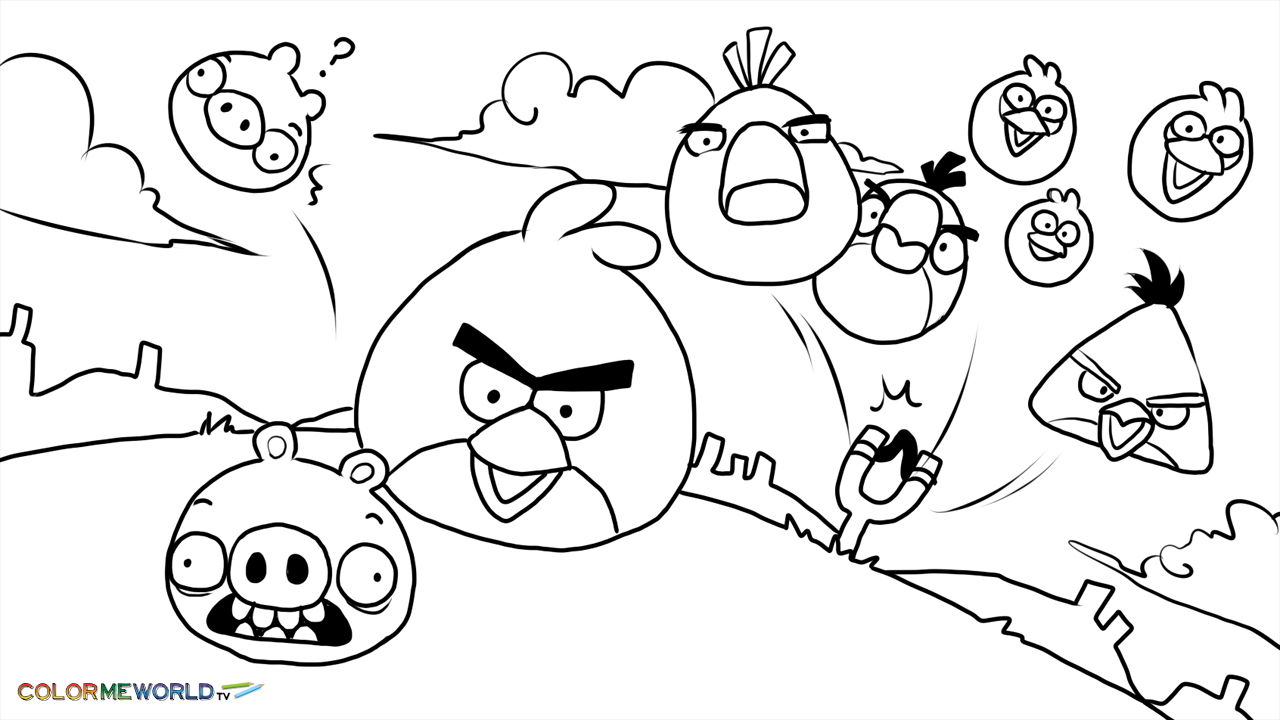 Coloriage d'Angry Birds en pleine action dans un décor ludique