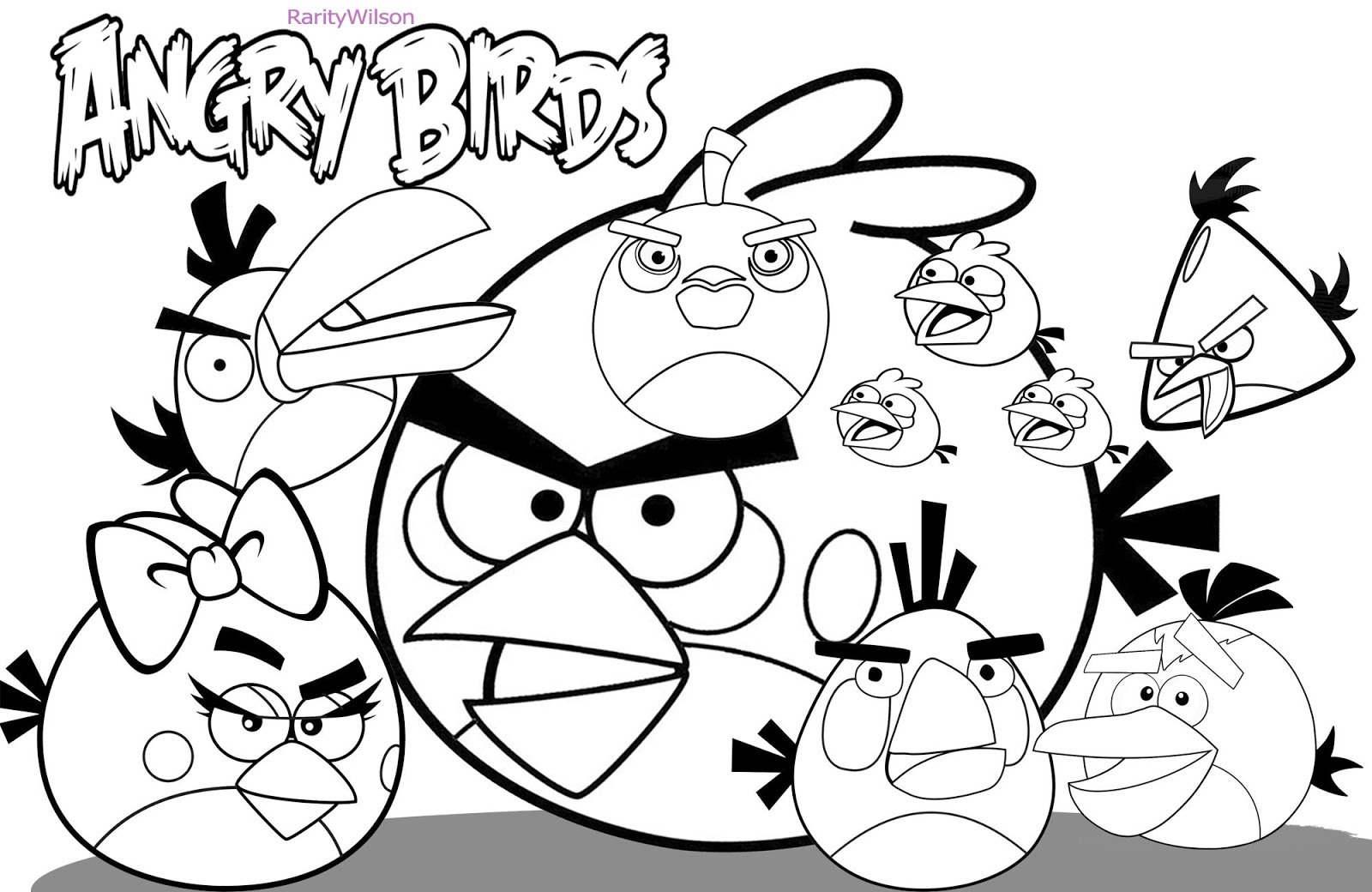Coloriage d'Angry Birds avec des personnages emblématiques en pleine action