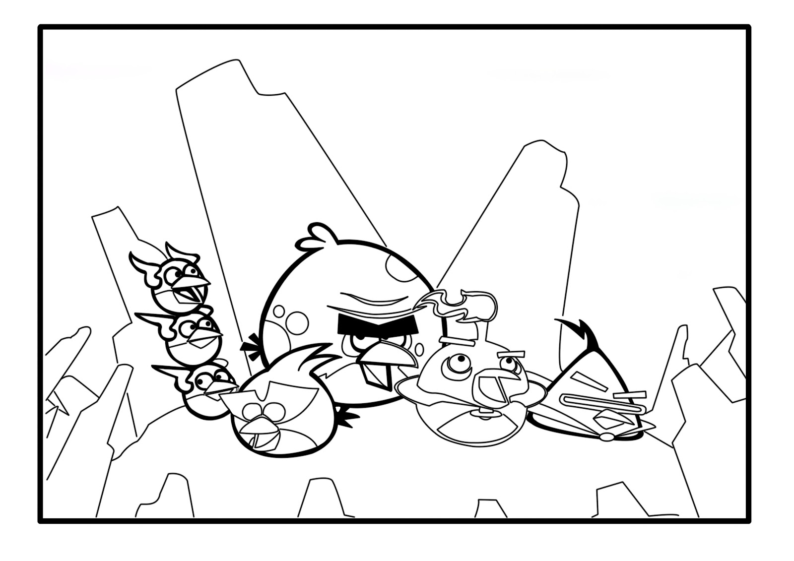 Coloriage d'Angry Birds avec des personnages emblématiques dans une scène dynamique