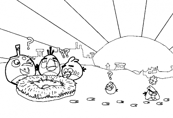 Coloriage des Angry Birds en pleine action sur fond de paysage
