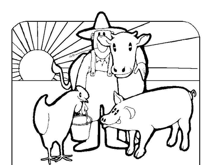 Coloriage d'animaux de la ferme dans un décor rural