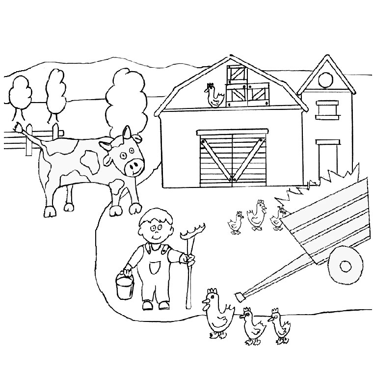 Coloriage d'animaux de la ferme avec un paysage rural en arrière-plan