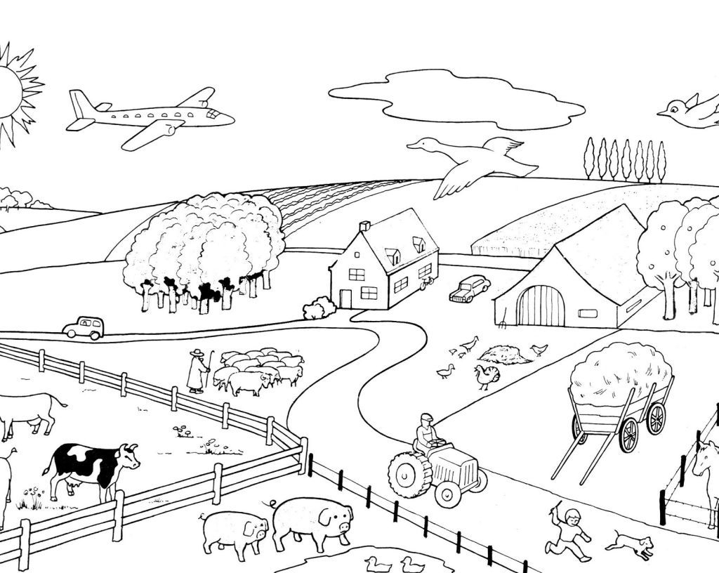 Coloriage d'animaux de la ferme en pleine activité sur un fond de prairie