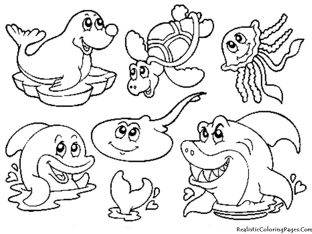 Coloriage d'animaux marins évoluant dans un décor sous-marin