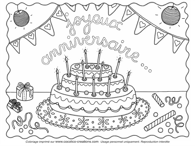 Coloriage d'un anniversaire festif avec un gâteau et des ballons
