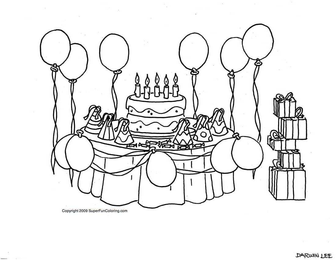 Coloriage d'une fête d'anniversaire avec un gâteau décoré