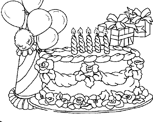 Coloriage d'un anniversaire avec un gâteau et des ballons