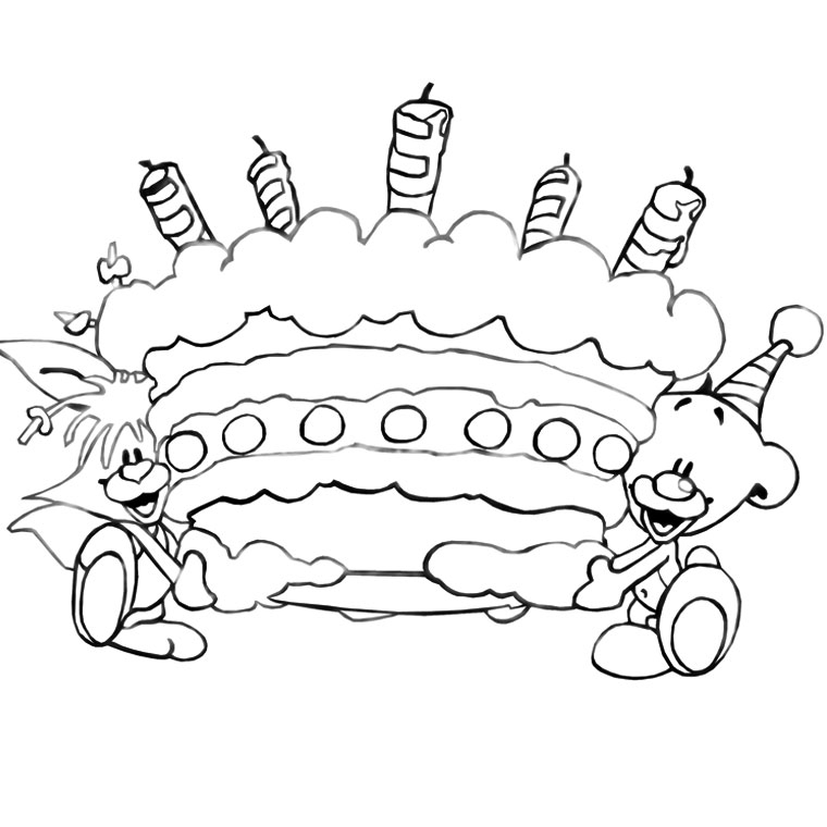 Coloriage d'une fête d'anniversaire avec un gâteau et des ballons