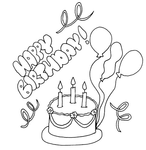 Coloriage d'une fête d'anniversaire avec un gâteau et des ballons