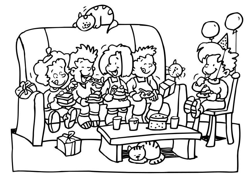Coloriage d'une fête d'anniversaire avec un gâteau et des ballons