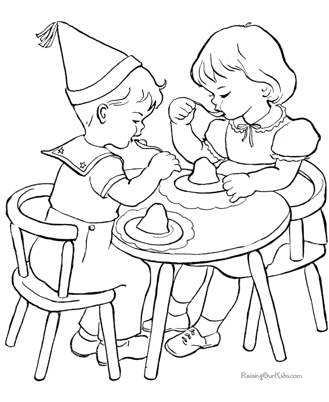 Coloriage d'une fête d'anniversaire avec un gâteau et des ballons
