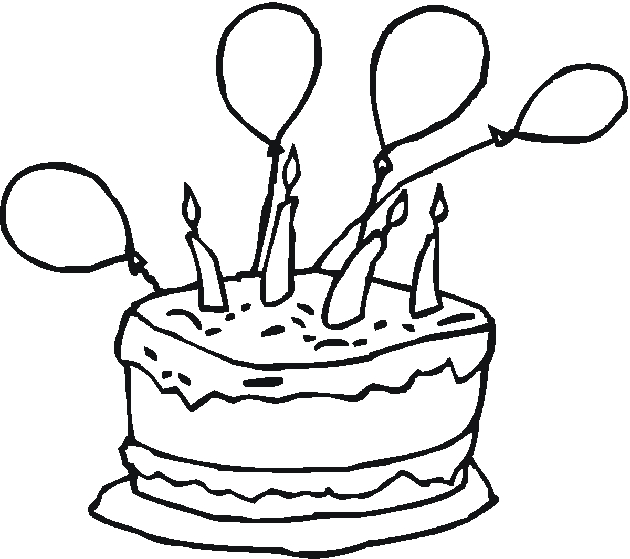 Coloriage d'une fête d'anniversaire avec des ballons et un gâteau