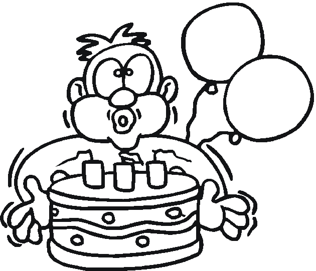 C coloriage d'anniversaire avec un gâteau, des ballons et des cadeaux