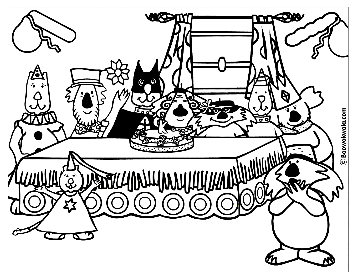 Coloriage d'anniversaire avec un gâteau et des ballons