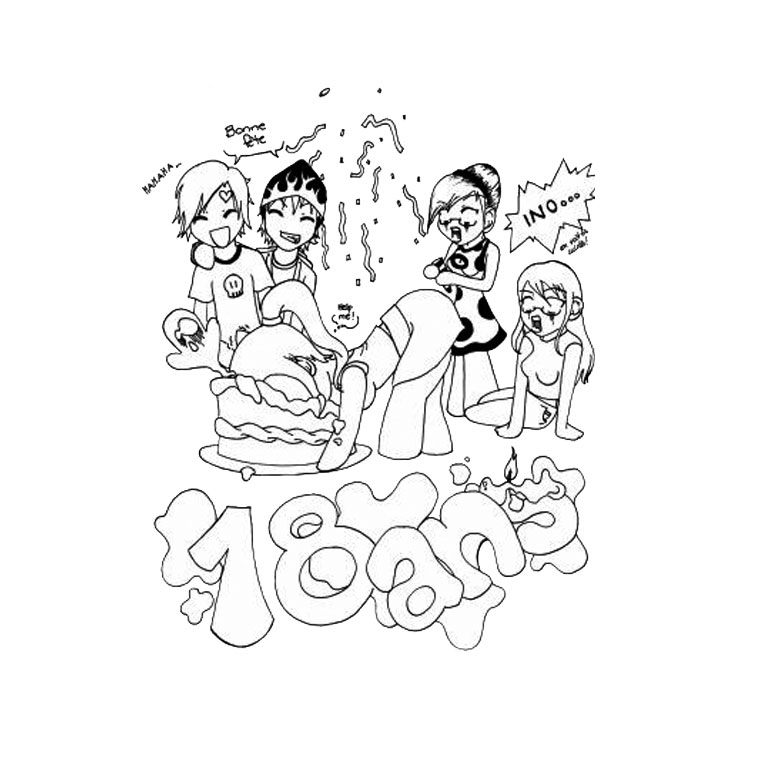 Coloriage d'une fête d'anniversaire avec un gâteau et des ballons