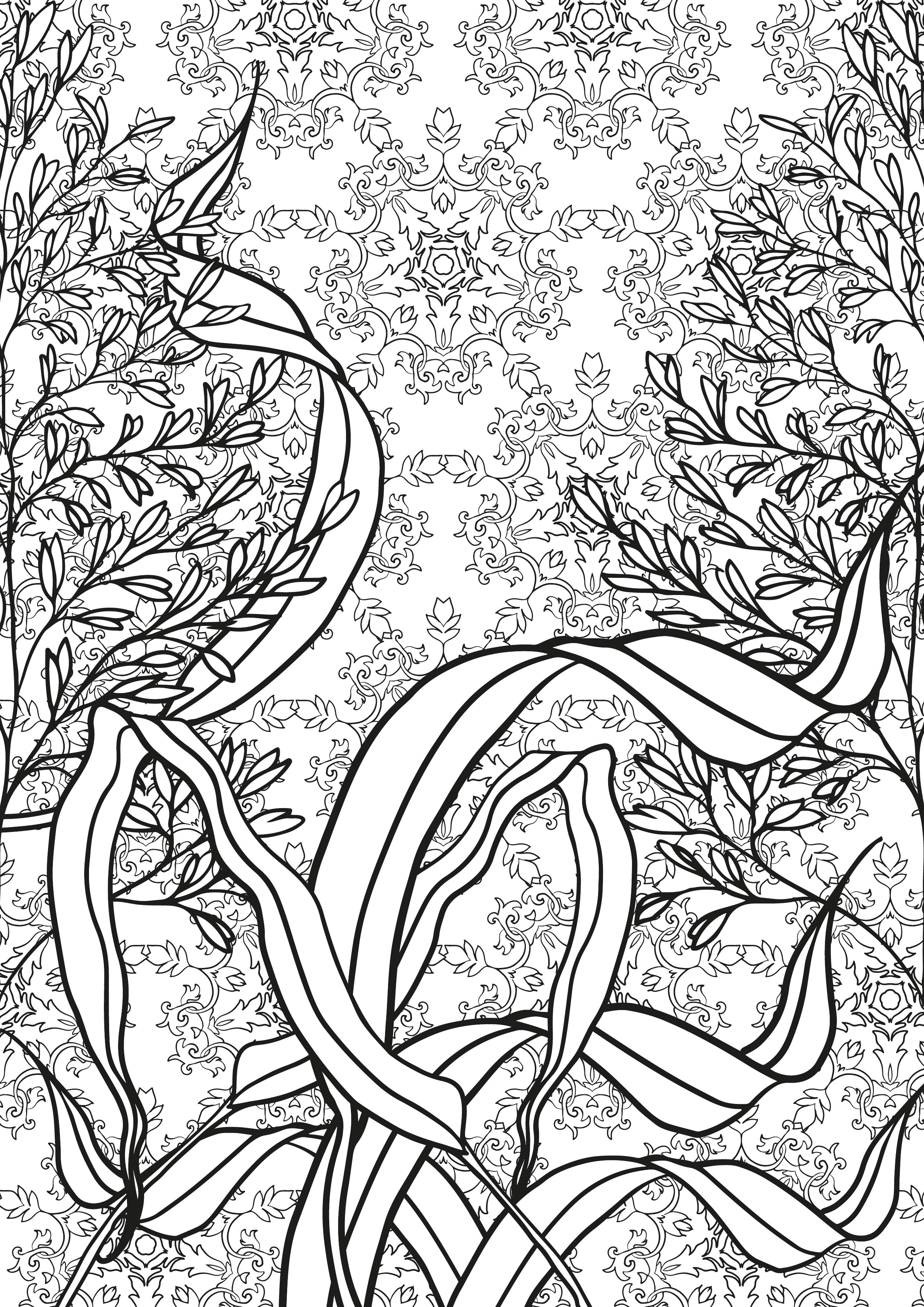 Coloriage antistress illustrant des motifs floraux et géométriques entrelacés