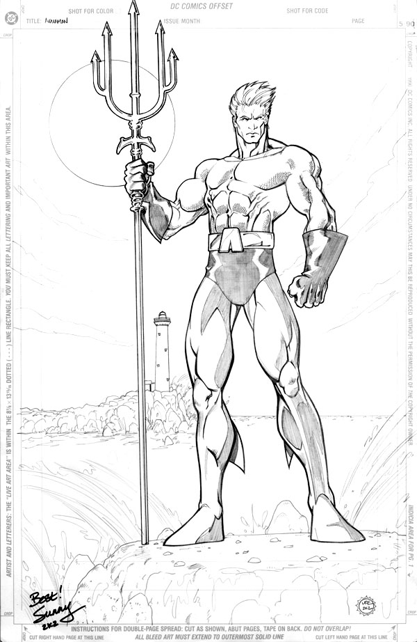 Aquaman brandissant son trident sous l'eau