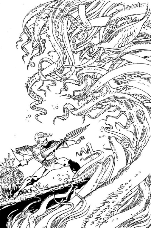 Aquaman brandissant son trident au bord de l'océan