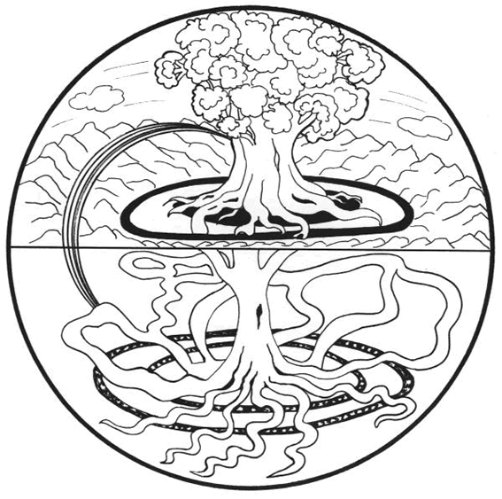 Coloriage d'un arbre majestueux avec des racines et des branches détaillées