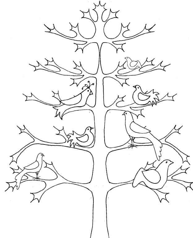 Coloriage d'un arbre majestueux avec un décor naturel